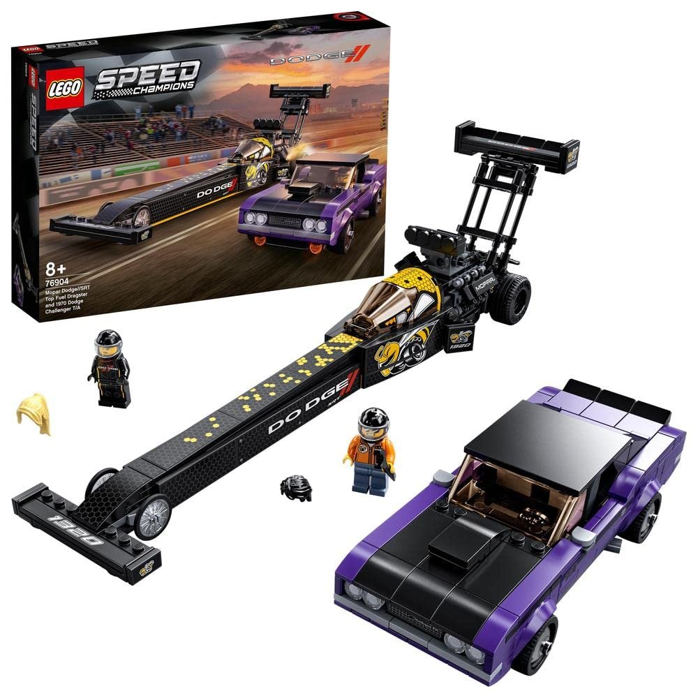 LEGO 76904 Speed Champions Mopar Dodge SRT Top Fuel Dragster & 1970 Dodge Challenger T/A showcasing detailed models of both cars in multicolor pieces.
