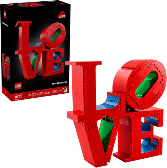 LEGO Art 31214 LOVE set showcasing a brick-built version of Robert Indiana’s famous sculpture with vibrant red, blue, and green colors.​