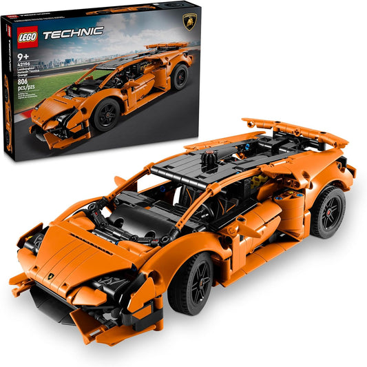 LEGO Technic 42196 Lamborghini Huracán Tecnica Orange model showcasing detailed design with V10 engine, functional steering, and opening doors.​
