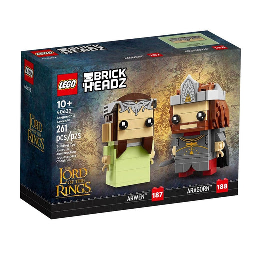 LEGO 40632 BrickHeadz set featuring stylized figures of Aragorn in his king outfit with a crown, and Arwen in a green wedding dress with a tiara, each on a display baseplate.​