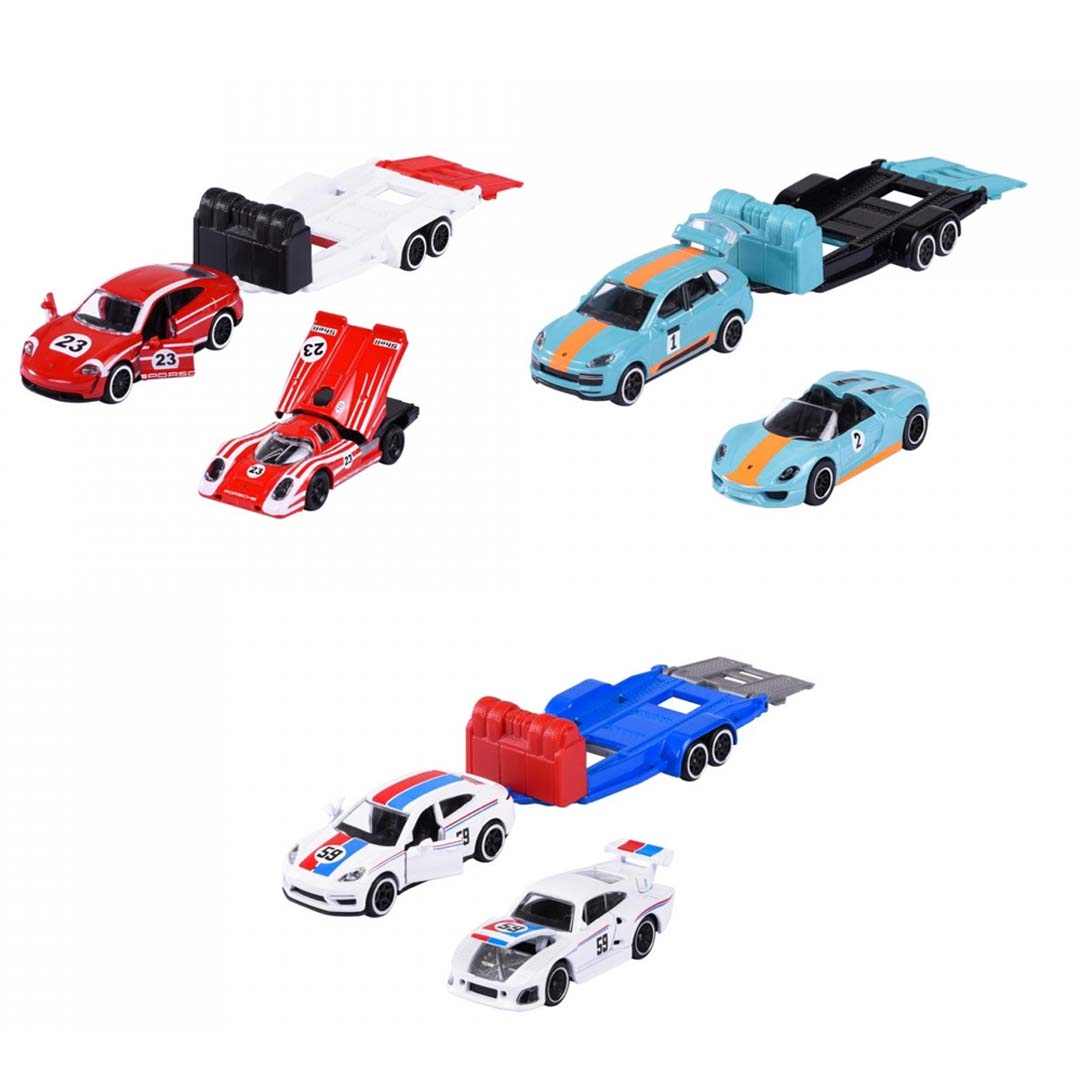 Majorette Porsche Race Trailer – Pack of 3 | 1:64 Scale Premium Die-Cast Vehicle & Trailer Set