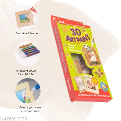 3D Art Paint Kit – Glitter Glue Painting Set with Wooden Frame, Safe & Non-Toxic, For school, kids