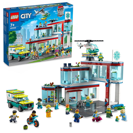 LEGO City Hospital 60330 – Includes a multi-room hospital, ambulance, rescue helicopter, and 12 minifigures for immersive medical-themed play.​