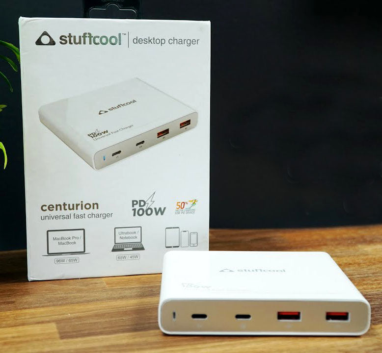 STUFFCOOL 100W Centurion 4 Port Charging Station with 2 USB C PD Ports, 2 QC3.0 USB A Ports Compatible with MacBook Pro 16", MacBook M1 Series, Ultrabooks, iPhones, Universal Fast Charger Camera Battery Charger  (White)