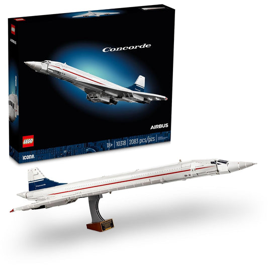LEGO Icons Concorde Set 10318, a 2,083-piece model of the supersonic airliner featuring movable parts and display options, designed for builders aged 18 and up.