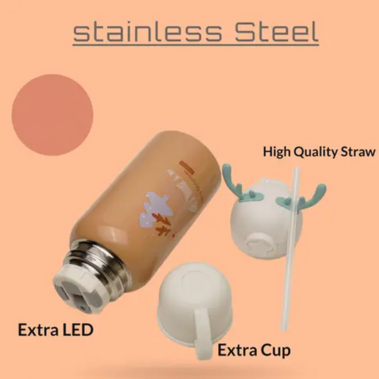 Deer Stainless Steel Water Bottle For Kids with carry bag, additional cup and sipper 500 ML (Beige)