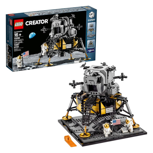 LEGO Creator Expert 10266 NASA Apollo 11 Lunar Lander set showcasing a detailed lunar module with ascent and descent stages, lunar surface with footprints and U.S. flag, and two astronaut minifigures.