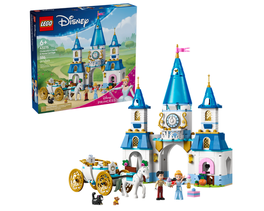 LEGO Disney 43275 set featuring Cinderella's 2-level castle with spinning ballroom floor, sewing room, stable, and horse-drawn carriage with minifigures.​
Amazon
+3