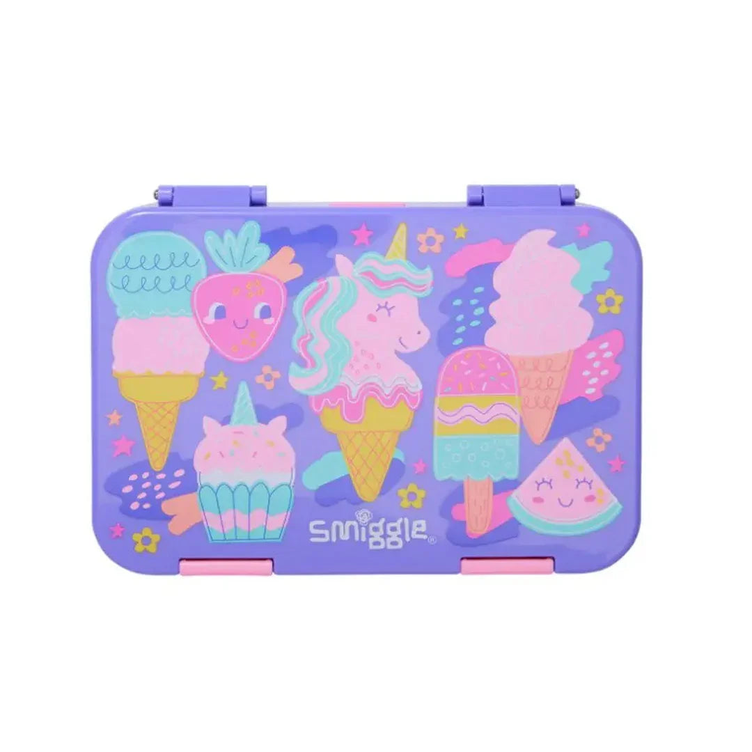 Smiggle Unicorn Ice-Cream Happy Medium Bento Lunchbox 758ml – Leakproof Kids Lunch Box (Purple)