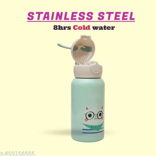 Deer Stainless Steel Water Bottle For Kids with carry bag, additional cup and sipper 500 ML (Green)