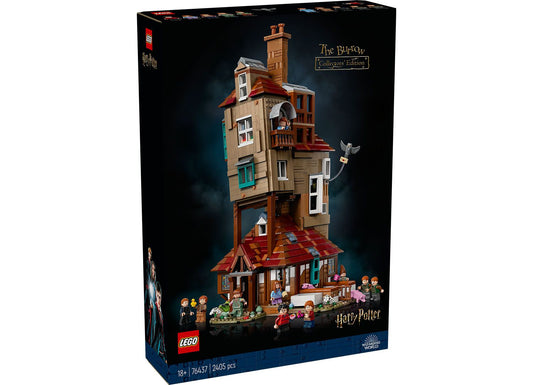 LEGO 76437 The Burrow – Collector’s Edition set depicting the multi-story Weasley house with 10 minifigures, including Harry Potter and the entire Weasley family.​