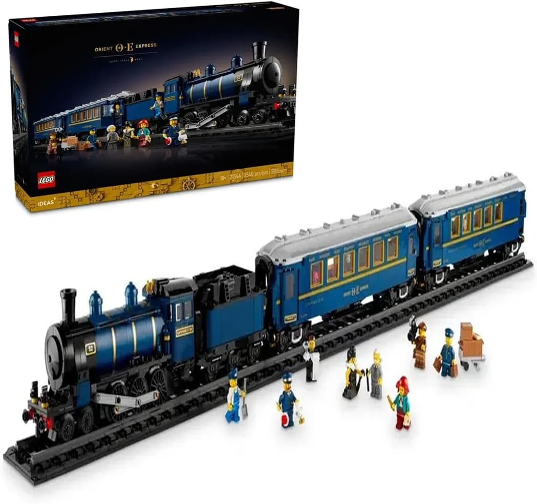LEGO Ideas 21344 Orient Express Train set showcasing a vintage steam locomotive, dining and sleeping cars with removable roofs, and 8 detailed minifigures.