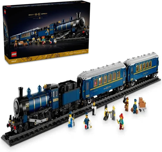 LEGO Ideas 21344 Orient Express Train set showcasing a vintage steam locomotive, dining and sleeping cars with removable roofs, and 8 detailed minifigures.