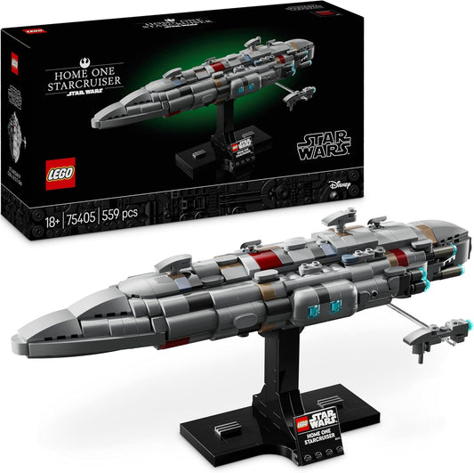LEGO Star Wars Home One Starcruiser Set 75405, a 559-piece display model from 'Return of the Jedi', featuring detachable sections and a Nebulon-B Frigate, designed for builders aged 18 and up.